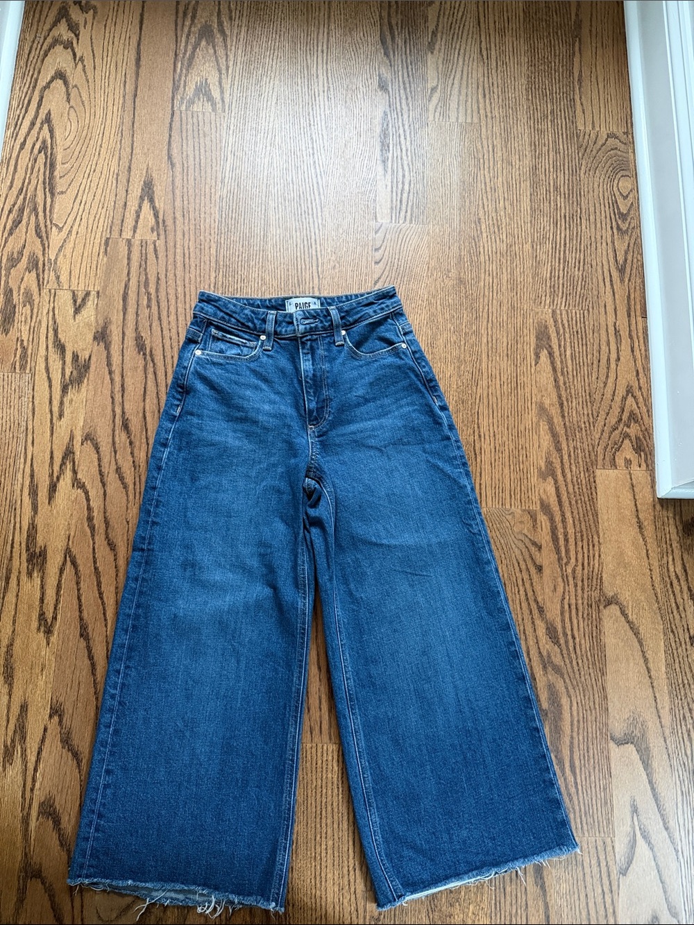 PAIGE Harper Crop Medium Blue Wide-Leg Raw Hem Jeans
